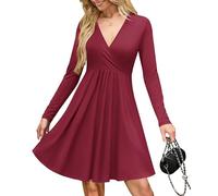 AUSELILY Strickkleid Damen - Herbstkleid Damen Wickelkleid V-Ausschnitt Midi Kleider Winterkleid mit Taschen Weinrot 2XL