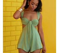 Ausgeschnittener, süßer, fließender Playsuit mit Bügel-Detail, dicken Trägern, Jumpsuit, Sommer-Outfit für Urlaub, Hochzeit, Western, Herbst, Abenddat