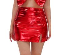 Ausing Damen Rock Kurz 80er Jahre Rot Kostüm Glitzer Disco Frauen Outfit Mini Halloween Minirock Sexy Latex Röcke Metallic Neon Bleistiftrock Glänzend Party L