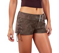 Ausing Damen Shorts Kurze Winter Hose Leder Pole Dance für Frauen Lederhose Sexy Lack Braun Outfit Glitzer PU Hosen Lederoptik Elegant Hotpants Rave Party Leggings Lederimitat Wetlook S