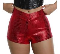 Ausing Damen Shorts Kurze Winter Hose Leder Pole Dance für Frauen Lederhose Sexy Lack Rot Outfit Glitzer PU Hosen Lederoptik Elegant Hotpants Rave Party Leggings Lederimitat Wetlook S