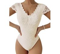 Ausing Damen Trachtenbody Kurzarm Hochzeit Body Sexy Modern Oberteile mit Spitze Y2K Bluse Elegant Dirndl Jumpsuit Party Spitzen Trachtenbluse Mesh Trachten Spitzenbody Transparent Creamy Aprikose S