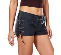 Ausing Frauen Lederhose Kurze Herbst Outfit Leder Latex Damen Hot Pants Sexy Micro Schwarz Kunstlederhose Glitzer Mini Ledershorts Lederoptik Poledance Shorts Rave Booty Hose Lederimitat Kunstleder M