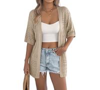 Ausing Frauen Shirtjacke Sommer Festlich für Damen Top Leichte Long Strickjacke Lang Lange Cardigan Kurzarm Strick Jacke Dünne Kimono Strandjacke Einfarbige Khaki XL