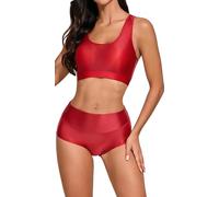 Ausing Frauen Trainingsanzug Sport Glänzende Set Gym Shape Outfit für Damen Yoga Trainings Sets Fitness Glitzer Kleidung Workout Glossy Bekleidung Bikini Sportler Sportset Zweiteiler Sportsachen Rot M