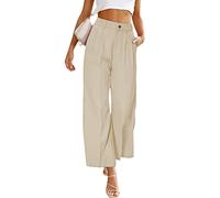 Ausla Damen Leinenhose, High Waist Culotte, Lang, Elegant, Luftig Locker, Stoffhose mit Tasten, Größe M