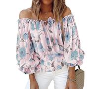 Ausla Damen Schulterfrei Blumenmuster Oberteil Sexy Trägerlos Glockenärmel Rüschen Top Sommer Elegant Carmenbluse mit Spitze(S-Rosa)
