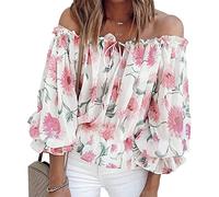 Ausla Damen Schulterfrei Blumenmuster Oberteil Sexy Trägerlos Glockenärmel Rüschen Top Sommer Elegant Carmenbluse mit Spitze(XL-Weiß)