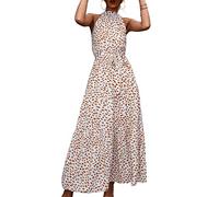 Ausla Frauen Sommerkleider Boho Langes Kleid Ärmellos Neckholder Beach Party Kleid Sommer Sexy Kleid(M-Beige)
