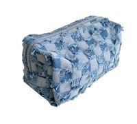 Ausla Kleine Make-up-Tasche aus Baumwolle, Kariert, Make-up-Beutel, 18 X 11 X 10 cm, Reißverschluss, Tragbarer Kulturbeutel für Reisen, Geschäftsreisen, Frauen (hellblau)