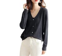 Australian Cashmere Cardigan Damen Dünner Solid Langarm V-Ausschnitt Strick Kurzer Pullover, dunkelgrau, S