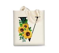 AUSVKAI Süße Sonnenblumen-Initialen-Canvas-Tragetasche, ästhetisch für Damen, Buchstabe V, Large