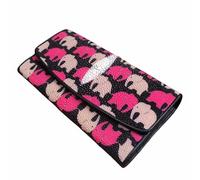 Authentische echte echte Rochenhaut-Dame, lange dreifach faltbare Geldbörse aus echtem Leder, Damen-Clutch-Geldbörse mit Elefantenmotiv, weiblich, große Kartenhalter, 19 cm x 10 cm x 3 cm, rosa,