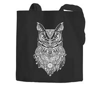 Autiga Jutebeutel Eule Zentangle Boho Bohamian Owl Tragetasche Stofftasche schwarz 2 lange Henkel