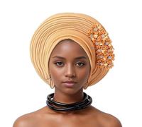 Auto Gele African Head Tie of Nigeria - Handmade Beaded ASO Oke Headwrap with Sequin Layers Elegant Turban Hat for Wedding Party Church Nigerian Women Fashion Accessory, khaki, Einheitsgröße