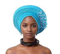 Auto Gele African Head Tie of Nigeria - Handmade Beaded ASO Oke Headwrap with Sequin Layers Elegant Turban Hat for Wedding Party Church Nigerian Women Fashion Accessory, blau, Einheitsgröße