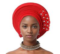 Auto Gele African Head Tie of Nigeria - Handmade Beaded ASO Oke Headwrap with Sequin Layers Elegant Turban Hat for Wedding Party Church Nigerian Women Fashion Accessory, rot, Einheitsgröße