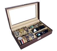 AUTOARK Lederbox für 6 Uhren und 3 Brillen und Sonnenbrillen,mit Schmuck-Vitrine,Aufbewahrungsboxen für Herren und Damen,Glasfenster,Braun,AWU-020