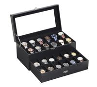 AUTOARK Uhrenbox aus Leder und Samt,für 24 Uhren,Glasplatte,Schmuck-Display,abschließbar,abnehmbar,schwarze Uhrenkissen,Schwarz,MKAW035