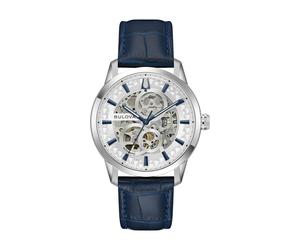 Automatikuhr BULOVA "Sutton", blau (blau, silberfarben), Armbanduhren, Herren, Automatikuhr, Armbanduhr, Herrenuhr, Mechanische Uhr, Lederarmband, analog (72494736-0) blau, silberfarben