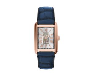 Automatikuhr FOSSIL "CARRAWAY", rosa (blau, rosegoldfarben), Armbanduhren, Herren, Automatikuhr, Armbanduhr, Herrenuhr, Mechanische Uhr, Lederarmband, analog (49176545-0) blau, rosegoldfarben