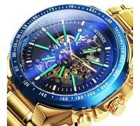 Automatische mechanische Golduhr für Herren, großes Gehäuse, luxuriös, modisch, Skelett, leuchtend, Militär, Business, blau, wasserdicht