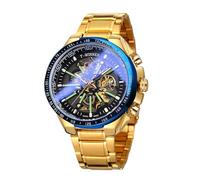 Automatische Uhren für Herren, luxuriös, Skelett, mechanische Uhren, leuchtend, großes Zifferblatt, Edelstahl-Armbanduhr, Goldblau, Goldfarben/Blau