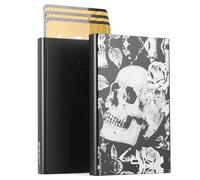 Automatischer kartenhalter aus aluminium mit RFID schutz, originelle, schlanke und minimalistische geldbörse für herren und damen, kapazität 1 bis 6 karten, Modell Slider (Gravur Skulls Roses)