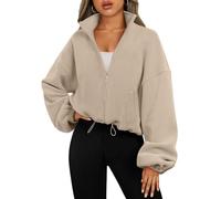 AUTOMET Damen-Fleece-Jacke, Reißverschluss, übergroße Sweatshirts, Winterkleidung, langärmelig, bauchfrei, Sherpa, Herbst-Outfits, modisch, Khaki, M