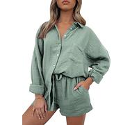 AUTOMET Hemd mit Shorts, 2-teiliges Set für Damen, Loungewear, farblich passender zweiteiliger Pyjama, modisch, übergroß, Frühlingsoutfit, 01grün, S