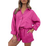 AUTOMET Hemd mit Shorts, 2-teiliges Set für Damen, Loungewear, farblich passender zweiteiliger Pyjama, modisch, übergroß, Frühlingsoutfit, L