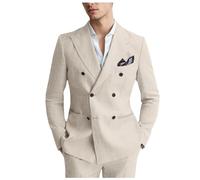 Autrl Herren-Anzüge aus Leinen, 2-teiliges Set mit Spitzrevers, schmale Passform, zweireihig, Smoking für Hochzeit, Abschlussball, Beige, XL