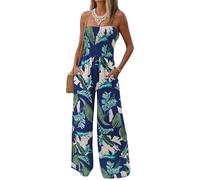 AUXDIO Lässiger trägerloser Sommer-Jumpsuit für Damen, locker, schulterfrei, gesmokt, ärmellos, weites Bein, Strampler mit Taschen, Blau, Large