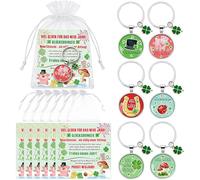 Auzlya 18-teiliges Schlüsselanhänger Glücksbringer,Glücksbringer Silvester, mit 6 Neujahrskarten +6 Organzasäckchen,Kleeblatt Schlüsselbringer,Neujahrsglücksbringer,Viel Glück Geschenke zum Silvester