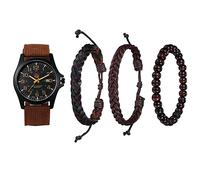 Avaner 4er Herren Uhr mit Armband Set Klassik Sport 24H Zifferblatt Kalenderfunktion Nylon Quarzuhr mit Buddha Perlen Geflochtene Lederschnur Armband Uhr für Männer Herren