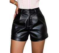Avanova Damen-Shorts aus Kunstleder, hohe Taille, plissiert, lässige Sommer-Shorts, Schwarz, Groß