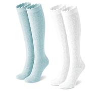 AVAYUU Damen Trachtenstrümpfe und Dirndlstrümpfe, Komfort, Weiß, Kniehoch | Trachtensocken Baumwolle, Größen 36-41, mit Rüschen Rauten, passend zu Hochzeit, Dirndl, Tracht und Oktoberfest, 1/2 Paar