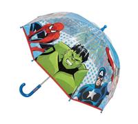 Avengers Regenschirm für Kinder, transparent, 45 cm, 100% POE, robustes Fiberglas-Gestell, gebogener blauer Griff, offizielles Marvel-Lizenzprodukt für Regen und Schule