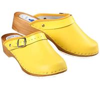 Aves-24 Clogs Pantolette Sandalette Holz + Leder Holzclogs Gr. 36-41 Holzschuhe (36, Gelb)
