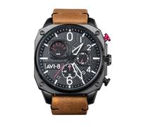 AVI-8 Hawker Hunter Retro Uhr für Herren, Chronograph Armbanduhr aus japanischem Quarz, 45 mm Edelstahlgehäuse, echtes Lederarmband, wasserdicht 50 m, Dunkelgrau Aschgrau Braun - AV-4052-02