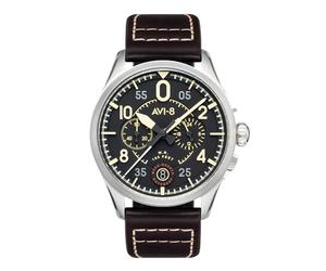 AVI-8 Herren 42mm Spitfire Lock Chronograph Midnight Oak Japanische Quarz-Fliegeruhr mit Lederarmband AV-4089-01