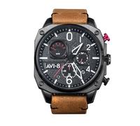 AVI-8 Herren 45mm Hawker Hunter Retrograde Chronograph Charcoal Ember Brown Japanische Quarz-Fliegeruhr mit Lederarmband AV-4052-02