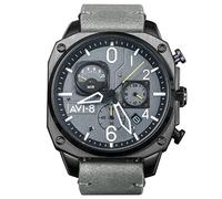AVI-8 Herren 45mm Hawker Hunter Retrograde Chronograph Sea Gray Japanische Quarz-Fliegeruhr mit Lederarmband AV-4052-03