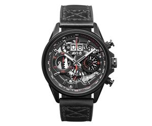 AVI-8 Mens 45mm Hawker Harrier Matador Chronograph Stealth Black Japanese Quartz Pilot Watch with Genuine Leather Strap AV-4065-05