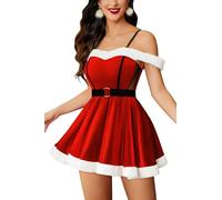 Avidlove Damen Weihnachten Kleid Sexy Outfit Curvy Kostüm Samt Negligee Schulterfrei Kleider Elegant Samtkleid Santa Rot L