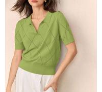 Avocado-grünes Damen-Stricktop mit Polokragen, Rautenmuster, Kurzarm-Pullover, elegant, minimalistisch, lässig, für Pendeln, Date, Alltag, Urlaub, Una