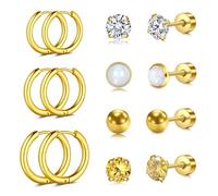 AVYRING 7 Paar Gold Creolen Ohrringe Stecker für Damen Mädchen, Chirurgischer Edelstahl flach zurückliegende Knorpel Helix Ohrringe Set mit 3mm farbigen CZ, Huggie Creolen 10mm 12mm 14mm