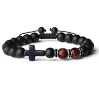 AWARDSEN Edelstein Kette, Mode Religion Kreuz Männer 8mm Naturstein Roter Achat Schwarzer Matte Achat, Perlen Armband Adjustable Armband Armreif Geschenk für Papa