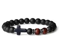 AWARDSEN Edelstein Kette, Mode Religion Kreuz Männer 8mm Naturstein Roter Achat Schwarzer Matte Achat, Perlen Armband Elastisches Armband Armreif Geschenk für Papa