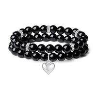 AWARDSEN Herz Edelstein Armband Damen, Schwarz Kristall 8mm Edelstein Schmuck, Obsidian Heilsteine Armband, Partnerarmbänder Geschenk für Frauen (2 PCS)